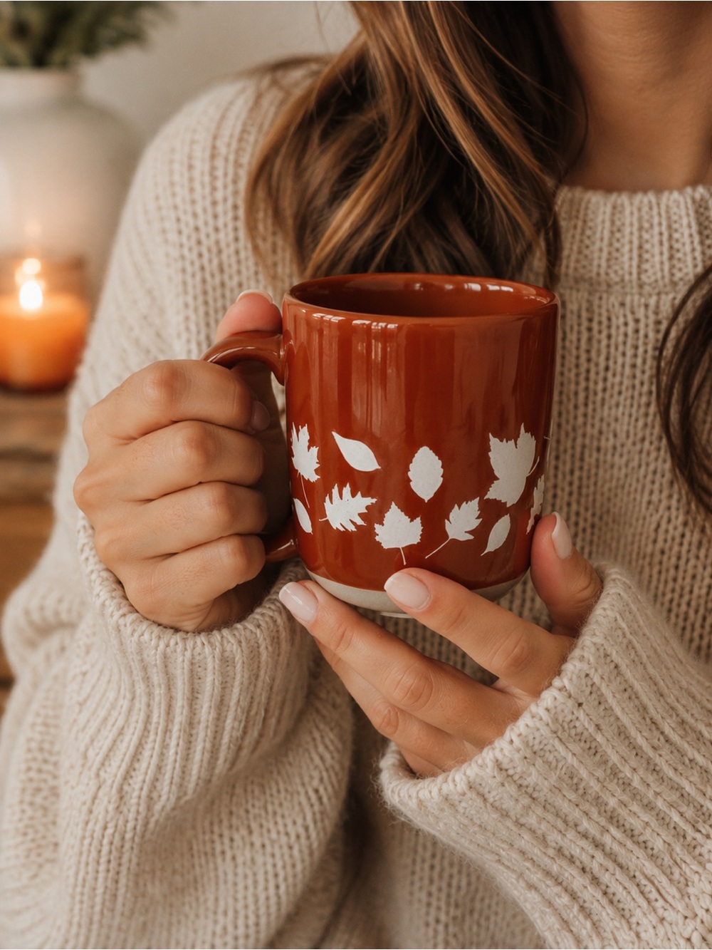 NEW Rust Leaf Pattern Ceramic Coffee Tea Mug